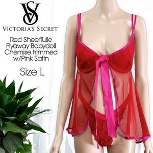 Victoria’s Secret Red Sheer Tulle Flyaway Babydoll Chemise trimmed w/Pink Satin
